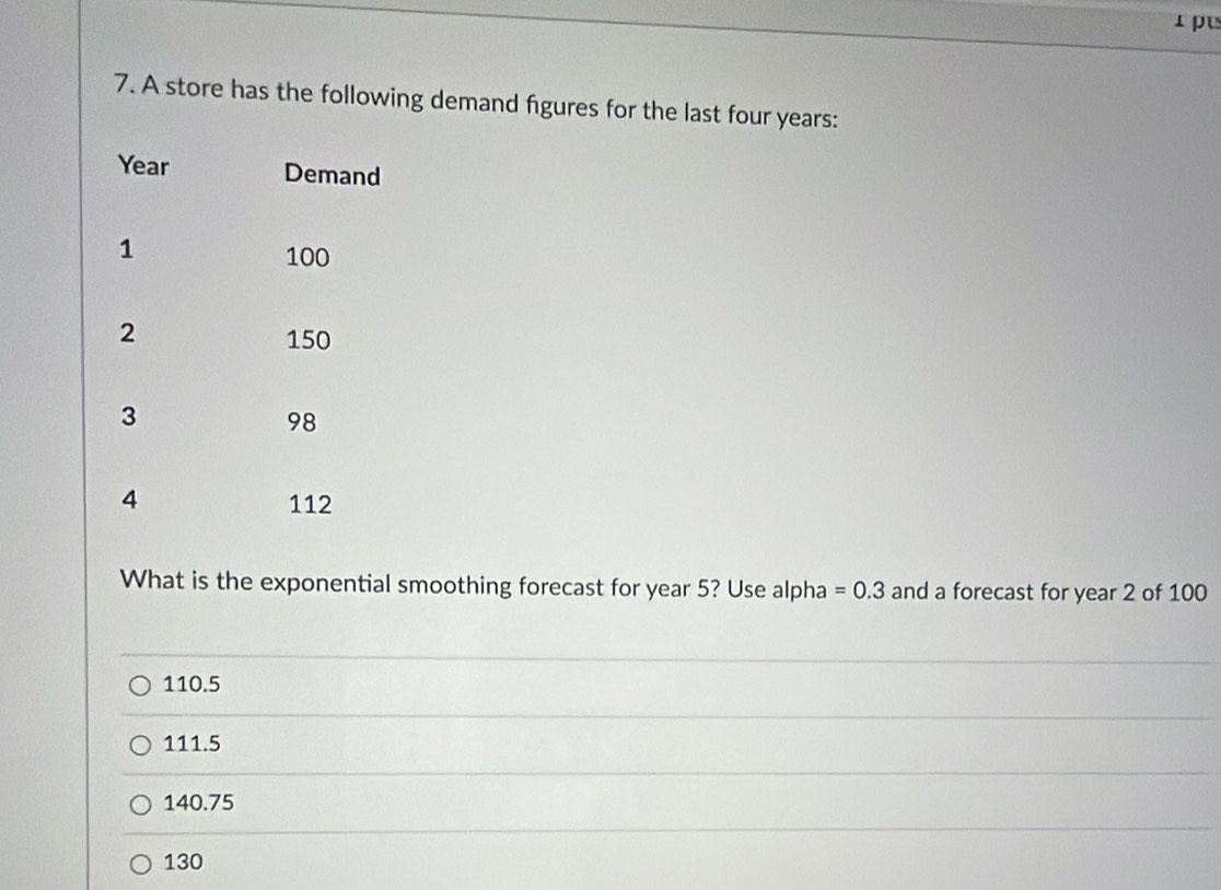 pι
7. A store has the following demand figures for the last four years :
What is the exponential smoothing forecast for year 5? Use alpha =0.3 and a forecast for year 2 of 100
110.5
111.5
140.75
130