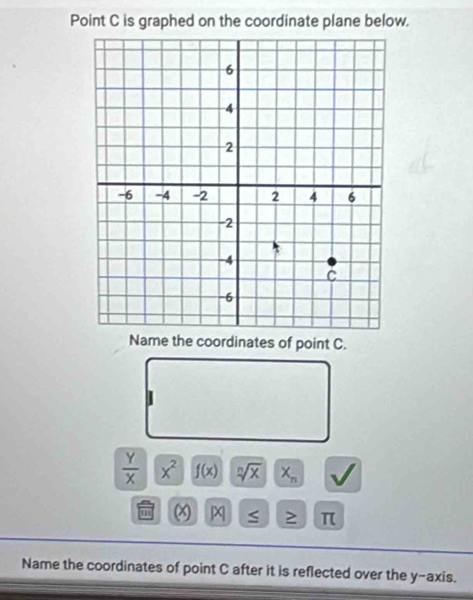 Point C is graphed on the coordinate plane below. 
Name the coordinates of point C.
 Y/X  x^2 f(x) sqrt[n](x) X_n
x S ≥ π
Name the coordinates of point C after it is reflected over the y-axis.