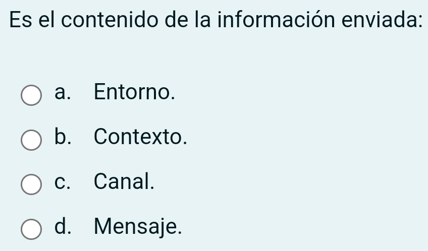 Es el contenido de la información enviada:
a. Entorno.
b. Contexto.
c. Canal.
d. Mensaje.