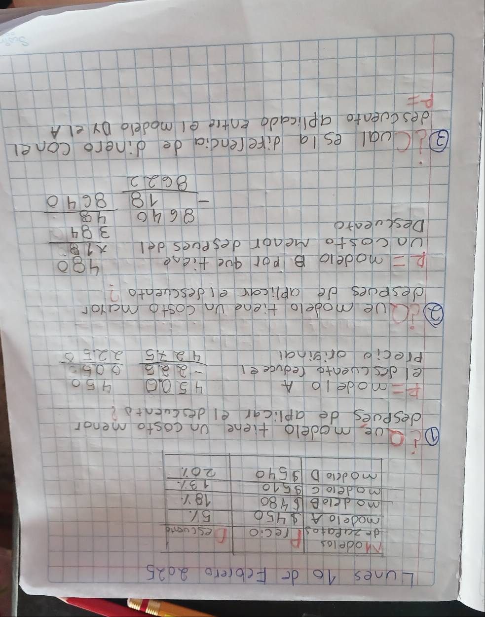 Lunes No do Febrero 2025 
①dave modelo fiene Un costo menor 
despues de aplicar el descuento?
 p/k = mode 10 A 
el descuento redudeel beginarrayr 450.0 -22.5 hline 427.5endarray beginarrayr 450 0050 hline 2250endarray
precio original 
②aue modelo tiene Un costo maror 
despoes de aplicar eldescvento?
R= modelo B por que fiene 
Uncosto Menor despues del 
Descued+o
beginarrayr 8640 -18 hline 8622endarray beginarrayr 450 * 48 hline 334 hline 90.9040endarray
dCual es Ia direrencia de dinero conel 
descuento aplicado entre el modelo oy el A