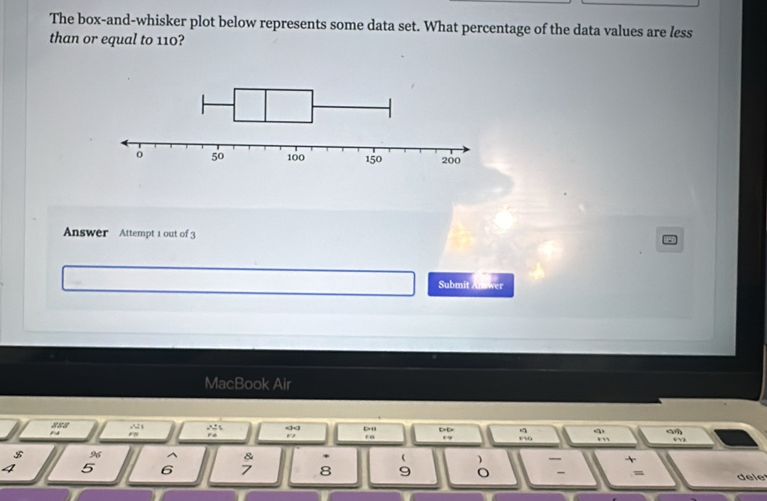 The box-and-whisker plot below represents some data set. What percentage of the data values are less 
than or equal to 110? 
Answer Attempt 1 out of 3 
Submit Lwer 
MacBook Air 
888 ,∵ 1 ∵ o“ DD q a 
F4 FB F6 F8 in 
$ 96 ^ & *  
—
4 5 6 7 8 9 = 
dele