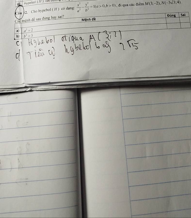 Hypebol ( H ) cat out
bol ( H) có dạng:  x^2/a^2 - y^2/b^2 =1(a>0,b>0) , đi qua các điểm M(3;-2),N(-3sqrt(3);4).