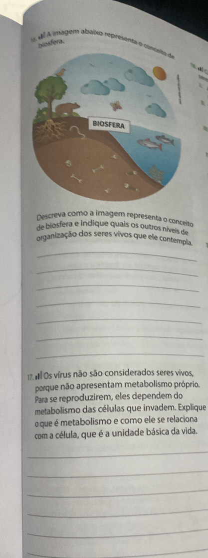 eito 
de biosfera e indique quais os outros níveis de 
organização dos seres vivos que ele contempla. 
_ 
_ 
_ 
_ 
_ 
_ 
_ 
1. m Os vírus não são considerados seres vivos, 
porque não apresentam metabolismo próprio. 
Para se reproduzirem, eles dependem do 
metabolismo das células que invadem. Explique 
o que é metabolismo e como ele se relaciona 
com a célula, que é a unidade básica da vida. 
_ 
_ 
_ 
_ 
_ 
_ 
_