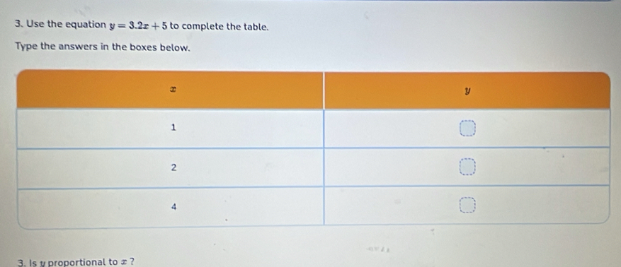 Use the equation y=3.2x+5 to complete the table. 
Type the answers in the boxes below. 
3. Is v proportional to æ ?