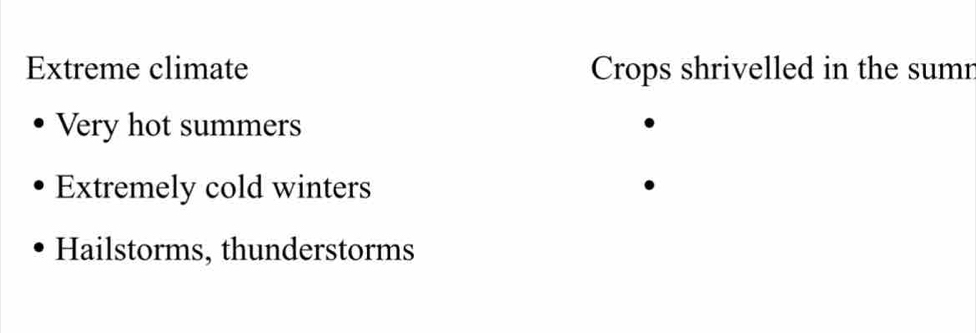 Extreme climate Crops shrivelled in the sumr
Very hot summers
Extremely cold winters
Hailstorms, thunderstorms