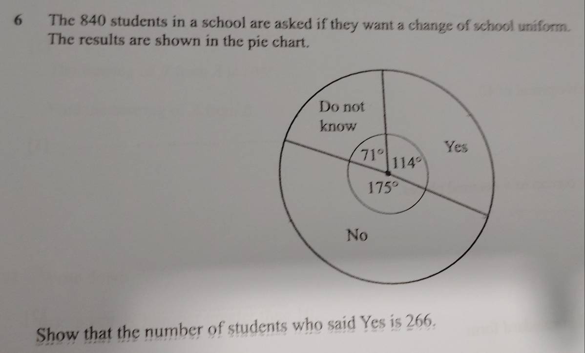 The 840 students in a school are asked if they want a change of school uniform.
The results are shown in the pie chart.
Show that the number of students who said Yes is 266.