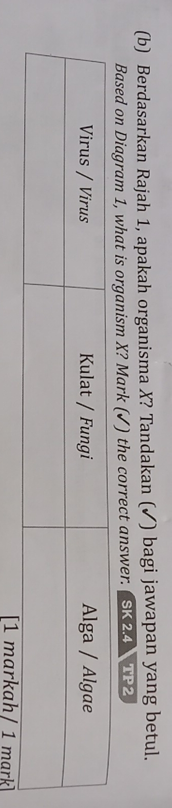 Berdasarkan Rajah 1, apakah organisma X? Tandakan (✓) bagi jawapan yang betul. 
Based on Diagram 1, what is organism X? Mark (✓) the correct answer. ( SK 24 TP2 
[1 markah / 1 mark]