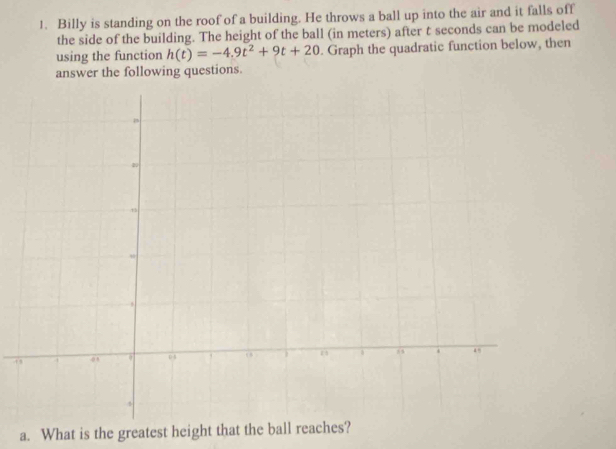 Billy is standing on the roof of a building. He throws a ball up into the air and it falls off 
the side of the building. The height of the ball (in meters) after t seconds can be modeled 
using the function h(t)=-4.9t^2+9t+20. Graph the quadratic function below, then 
answer the following questions. 
-4 
a. What is the greatest height that the ball reaches?