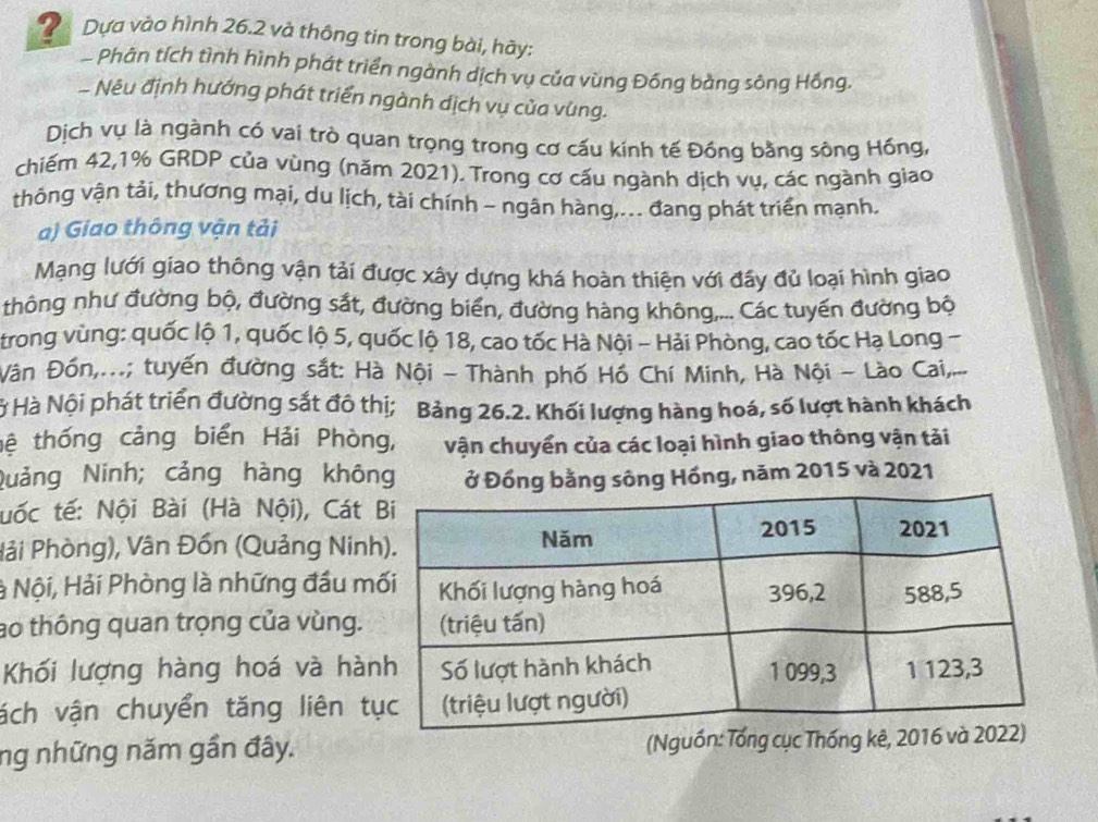 Dựa vào hình 26.2 và thông tin trong bài, hãy: 
Phân tích tình hình phát triển ngành dịch vụ của vùng Đồng bằng sông Hồng. 
- Nêu định hướng phát triển ngành dịch vụ của vùng. 
Dịch vụ là ngành có vai trò quan trọng trong cơ cấu kính tế Đồng bằng sông Hồng, 
chiếm 42, 1% GRDP của vùng (năm 2021). Trong cơ cấu ngành dịch vụ, các ngành giao 
thông vận tải, thương mại, du lịch, tài chính - ngân hàng,... đang phát triển mạnh. 
a) Giao thông vận tải 
Mạng lưới giao thông vận tải được xây dựng khá hoàn thiện với đầy đủ loại hình giao 
thông như đường bộ, đường sắt, đường biển, đường hàng không,... Các tuyến đường bộ 
trong vùng: quốc lộ 1, quốc lộ 5, quốc lộ 18, cao tốc Hà Nội - Hải Phòng, cao tốc Hạ Long - 
Vân Đồn,...; tuyến đường sắt: Hà Nội - Thành phố Hồ Chí Minh, Hà Nội - Lào Cai,... 
Hở Hà Nội phát triển đường sắt đô thị; Bảng 26.2. Khối lượng hàng hoá, số lượt hành khách 
tậ thống cảng biến Hải Phòng, vận chuyển của các loại hình giao thông vận tải 
Quảng Ninh; cảng hàng không ở Đồng bằng sông Hồng, năm 2015 và 2021 
tuốc tế: Nội Bài (Hà Nội), Cát 
Pải Phòng), Vân Đồn (Quảng Nin 
à Nội, Hải Phòng là những đầu m 
ao thông quan trọng của vùng. 
Khối lượng hàng hoá và hà 
ách vận chuyển tăng liên t 
ng những năm gần đây. (Nguồn: Tổ