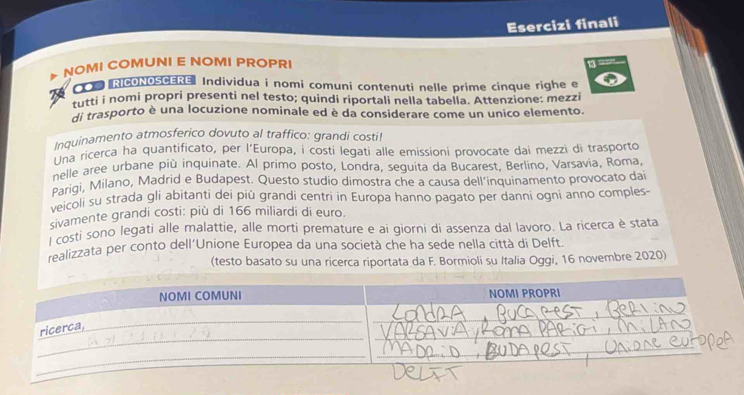 Esercizi finali 
NOMI COMUNI E NOMI PROPRI 13 
RICONOSCERE Individua i nomi comuni contenuti nelle prime cinque righe e 
tutti i nomi propri presenti nel testo; quindi riportali nella tabella. Attenzione: mezzi 
di trasporto è una locuzione nominale ed è da considerare come un unico elemento. 
Inquinamento atmosferico dovuto al traffico: grandi costi! 
Una ricerca ha quantificato, per l’Europa, i costi legati alle emissioni provocate dai mezzi di trasporto 
nelle aree urbane più inquinate. Al primo posto, Londra, seguita da Bucarest, Berlino, Varsavia, Roma, 
Parigi, Milano, Madrid e Budapest. Questo studio dimostra che a causa dell’inquinamento provocato dai 
veicoli su strada gli abitanti dei più grandi centri in Europa hanno pagato per danni ogni anno comples- 
sivamente grandi costi: più di 166 miliardi di euro. 
l costi sono legati alle malattie, alle morti premature e ai giorni di assenza dal lavoro. La ricerca è stata 
realizzata per conto dell'Unione Europea da una società che ha sede nella città di Delft. 
(testo basato su una ricerca riportata da F. Bormioli su Italia Oggi, 16 novembre 2020) 
NOMI COMUNI NOMI PROPRI 
_ 
_ 
_ 
_ 
ricerca, 
_ 
_