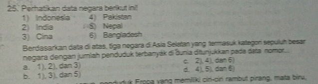 25.' Perhattikan data negara berikut in!!
1) Indonesia 4) Pakistan
2) India S) Nepal
3) Cina 6) Bangladesh
Berdasarkan data di atas, tiga negara di Asia Selatan yang termasuk kategori sepuluh besar
negara dengan jumlah penduduk terbanyák di ðunia ditunjukkan pada data nomor....
a. 1), 2), dan 3) c. 2), 4), dan 6)
b. 1), 3), dan 5) d. 4), 5), dan 6)
uduk Erooa yang memiliki cir-cin rambut pirang, mata biru,