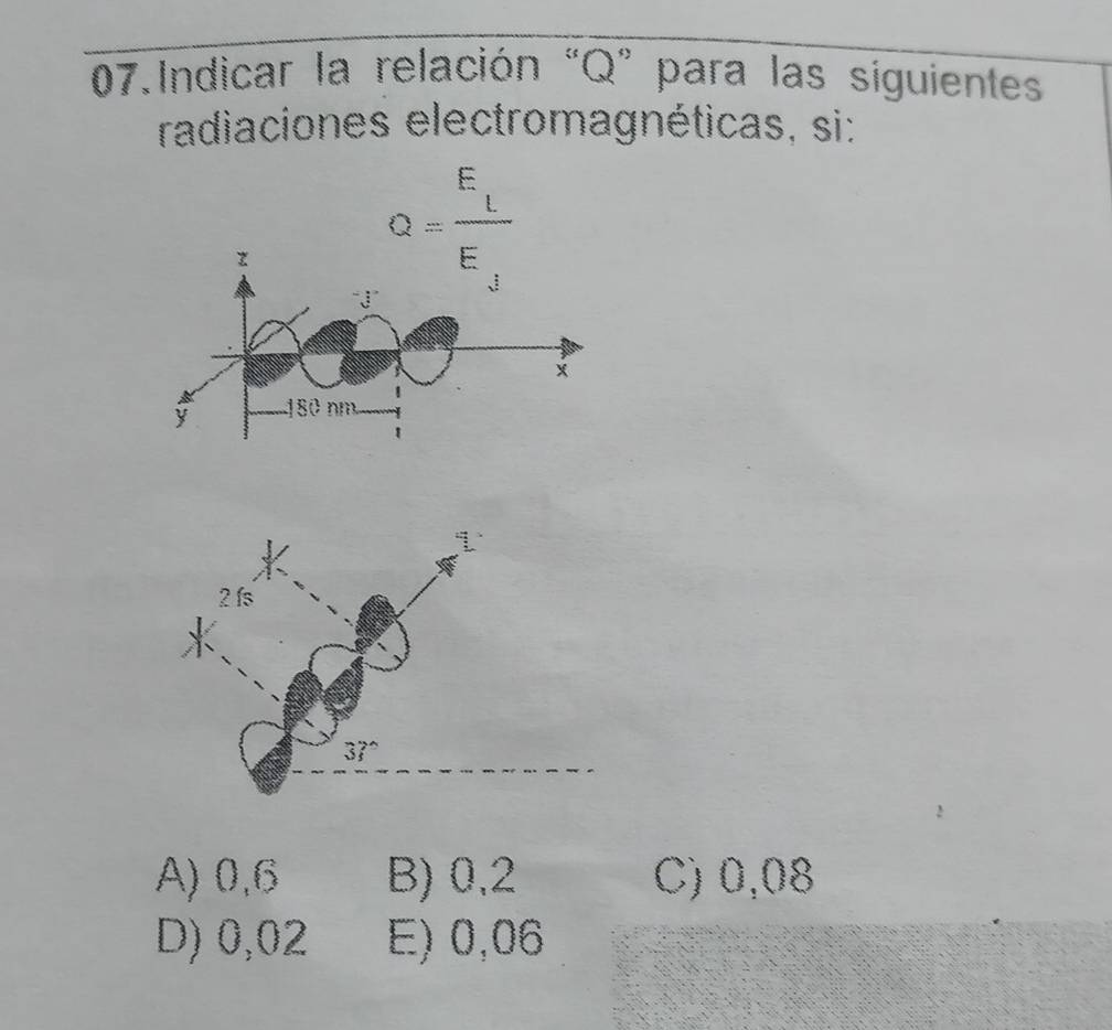 Indicar la relación “Q”para las siguientes
radiaciones electromagnéticas, si:
Q=frac E_LE_J
×
y 180 nm
A) 0,6 B) 0,2 C) 0,08
D) 0,02 E) 0,06