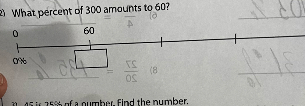 What percent of 300 amounts to 60?
= TS/OS 
3) 45 is 35% of a number. Find the number.