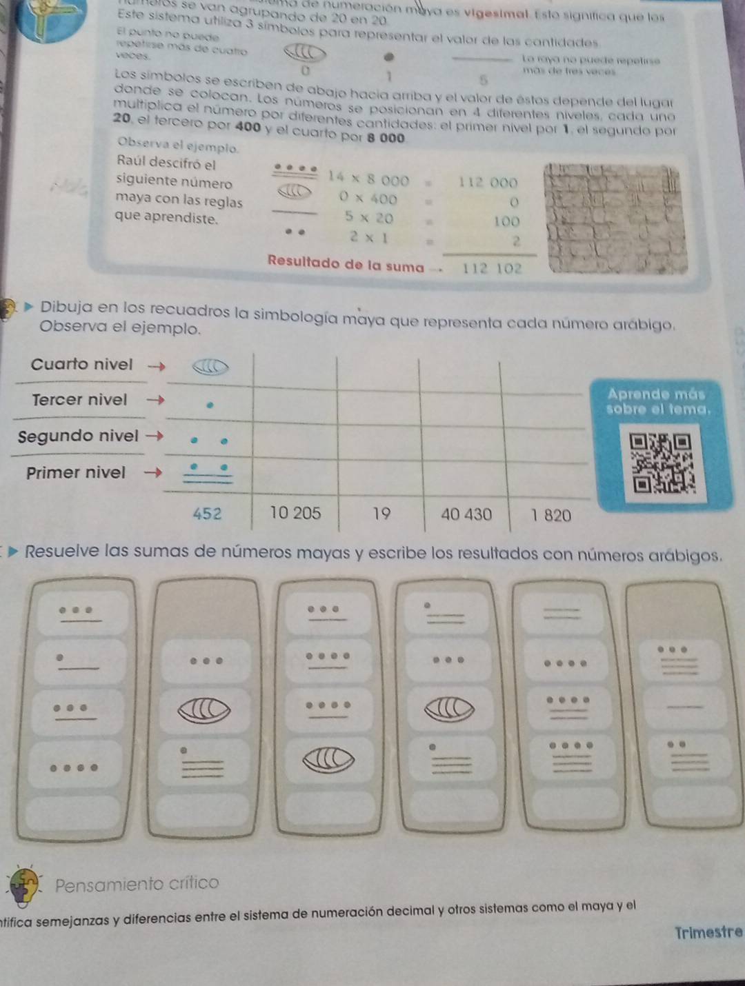 uma de numeración maya es vigesimal. Esto signífica que los 
molós se van agrupando de 20 en 20
Este sistema utiliza 3 símbolos para representar el valor de las cantidades 
El punto no puede 
repetirse más de cuatro 
veces La raya no puede repelirse 
1 
más de três vecés 
5 
Los símbolos se escriben de abajo hacía arriba y el valor de éstos depende del lugar 
donde se colocan. Los números se posicionan en 4 diferentes níveles, cada uno 
multíplica el número por diferentes cantidades: el primer nível por 1 el segundo por
20, el tercero por 400 y el cuarto por 8 000
Observa el ejemplo. 
Raúl descifró el 
siguiente número
14* 8000=112000
maya con las reglas 
_ 0* 400=
que aprendiste.
5* 20=
2* 1 =_  
Resultado de la suma 112 102
Dibuja en los recuadros la simbología maya que representa cada número arábigo. 
Observa el ejemplo. 
Cuarto nivel 
Tercer nivel 
Aprende más 
. 
sobre el tema. 
Segundo nivel 
. 
Primer nivel
452 10 205 19 40 430 1 820
Resuelve las sumas de números mayas y escribe los resultados con números arábigos. 
_ 
_
□ □ □
_ 
_
0000· 0
300
_ 
_ 
.
3
_ 
_ 
_ 
_ 
. 
_ 
. 
. 
_ 
_ 
_ 
_ 
Pensamiento crítico 
intifica semejanzas y diferencias entre el sistema de numeración decimal y otros sistemas como el maya y el 
Trimestre