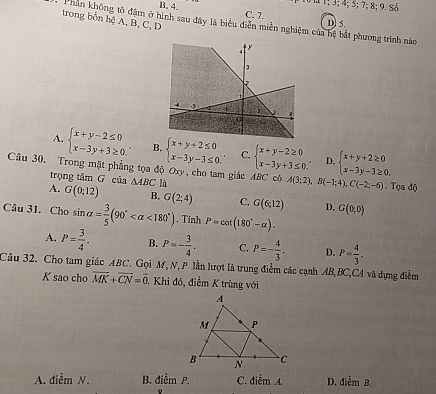 Tó là 1; 3; 4; 5; 7; 8; 9. Số
B. 4. C. 7. D) 5.
trong bốn hệ A, B, C, D
Phần không tô đậm ở hình sau đây là biểu diễn miền nghiệm của hệ bắt phương trình nào
A. beginarrayl x+y-2≤ 0 x-3y+3≥ 0.endarray. . B. beginarrayl x+y+2≤ 0 x-3y-3≤ 0.endarray. C. beginarrayl x+y-2≥ 0 x-3y+3≤ 0.endarray. . D. beginarrayl x+y+2≥ 0 x-3y-3≥ 0.endarray.
Câu 30. Trong mặt phẳng tọa độ Oxy, cho tam giác ABC có A(3;2),B(-1;4),C(-2;-6) Tọa độ
trọng tâm G của △ ABC là
A. G(0;12) B. G(2;4) C. G(6;12) D. G(0;0)
Câu 31. Cho sin alpha = 3/5 (90° <180°). Tính P=cot (180°-alpha ).
A. P= 3/4 .
B. P=- 3/4 . C. P=- 4/3 . D. P= 4/3 .
Câu 32. Cho tam giác ABC. Gọi M, N, P lần lượt là trung điểm các cạnh AB,BC,CA và dựng điểm
K sao cho vector MK+vector CN=vector 0. Khi đó, điểm K trùng với
A. điểm N. B. điểm P. C. điểm A. D. điểm B.
。