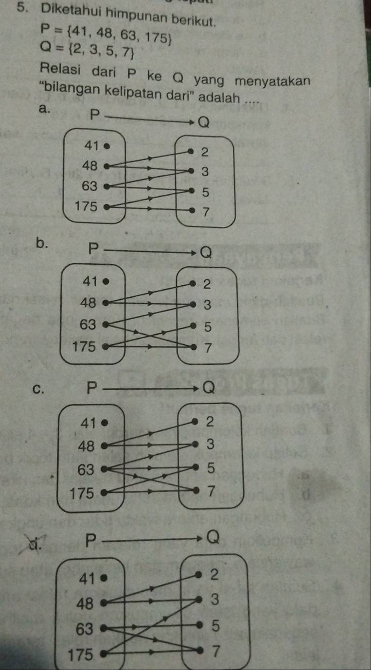 Diketahui himpunan berikut.
P= 41,48,63,175
Q= 2,3,5,7
Relasi dari P ke Q yang menyatakan
“bilangan kelipatan dari” adalah ....
a
b
C. P Q
d
Q