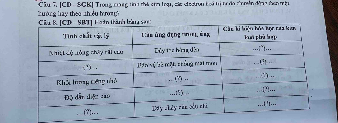 [CD - SGK] Trong mạng tinh thể kim loại, các electron hoá trị tự do chuyển động theo một 
hướng hay theo nhiều hướng?