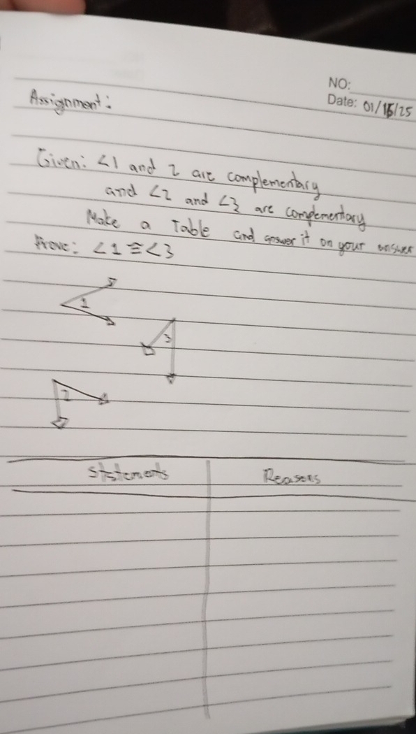 Assignment: 
_ 
01/1125 
Given: ∠ 1 and I are complemeniary 
and ∠ 2 and ∠ 3 are complementary 
Make a Table and answer it on your ensuer 
hove: ∠ 1≌ ∠ 3
2 
2