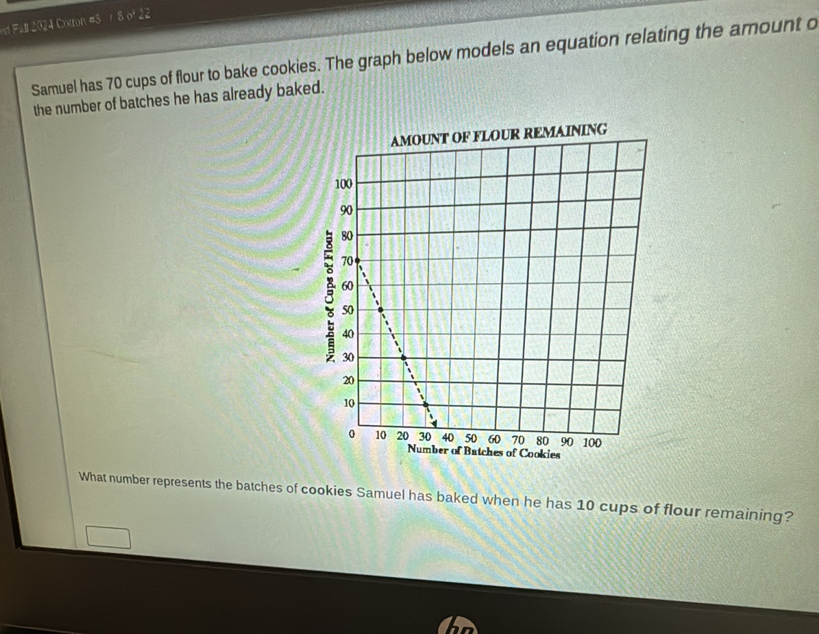 Fil 2024 Cotton =3 
Samuel has 70 cups of flour to bake cookies. The graph below models an equation relating the amount o 
the number of batches he has already baked. 
What number represents the batches of cookies Samuel has baked when he has 10 cups of flour remaining?