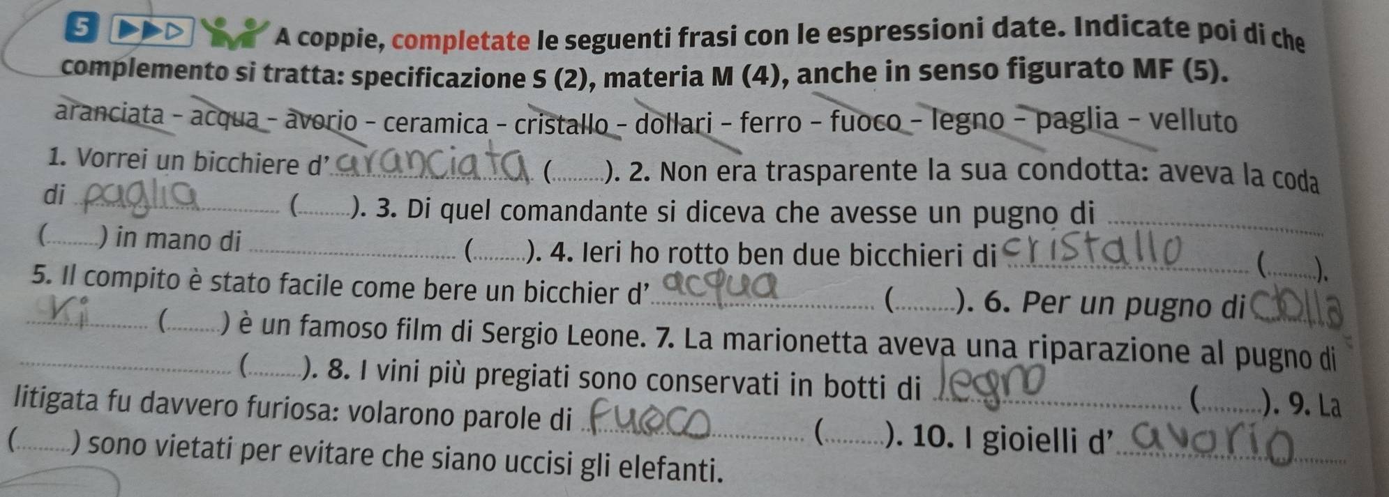 A coppie, completate le seguenti frasi con le espressioni date. Indicate poi di che 
complemento si tratta: specificazione S (2), materia M (4), anche in senso figurato MF (5). 
aranciata - acqua - avorio - ceramica - cristallo - dollari - ferro - fuoco - legno - paglia - velluto 
1. Vorrei un bicchiere d'_ _). 2. Non era trasparente la sua condotta: aveva la coda 
di_ 
_ ). 3. Di quel comandante si diceva che avesse un pugno di_ 
(_ ) in mano di _(_ ). 4. Ieri ho rotto ben due bicchieri di _ ). 
5. Il compito è stato facile come bere un bicchier d'_ _). 6. Per un pugno di__ 
 
_(_ () è un famoso film di Sergio Leone. 7. La marionetta aveva una riparazione al pugno di 
C ). 8. I vini più pregiati sono conservati in botti di 
_ ). 9. La 
litigata fu davvero furiosa: volarono parole di __ ). 10. I gioielli d'_ 
(_ () sono vietati per evitare che siano uccisi gli elefanti.