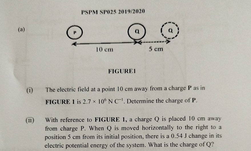 PSPM SP025 2019/2020 
(a) Q
P
Q
10 cm 5 cm
FIGURE1 
(i) The electric field at a point 10 cm away from a charge P as in 
FIGURE 1 is 2.7* 10^6NC^(-1). Determine the charge of P. 
(ii) With reference to FIGURE 1, a charge Q is placed 10 cm away 
from charge P. When Q is moved horizontally to the right to a 
position 5 cm from its initial position, there is a 0.54 J change in its 
electric potential energy of the system. What is the charge of Q?