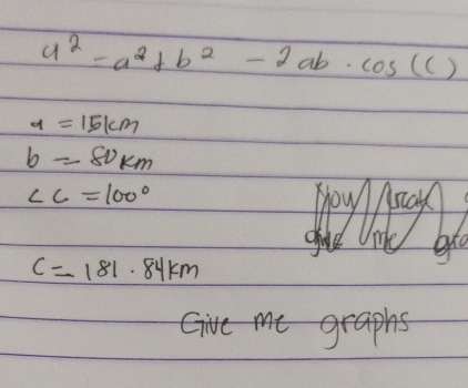 a^2=a^2+b^2-2ab· cos (C)
a=15km
b=80km
∠ C=100° nat 
pyl
c=181.84km
Gvegraphs