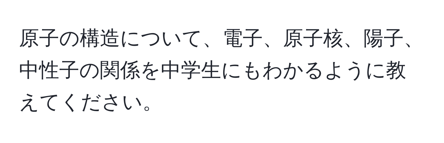 原子の構造について、電子、原子核、陽子、中性子の関係を中学生にもわかるように教えてください。