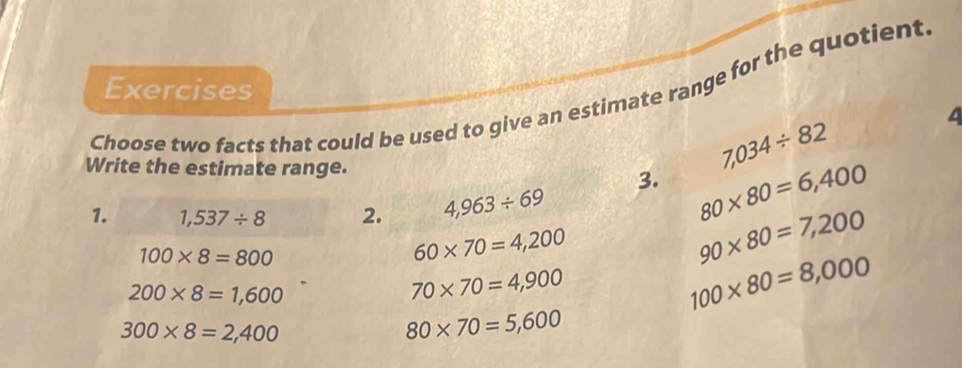 Exercises
Choose two facts that could be used to give an estimate range for the quotient
Write the estimate range.
7,034/ 82
3. 80* 80=6,400
1. 1,537/ 8 2. 4,963/ 69
100* 8=800
60* 70=4,200
90* 80=7,200
200* 8=1,600
70* 70=4,900
100* 80=8,000
300* 8=2,400
80* 70=5,600