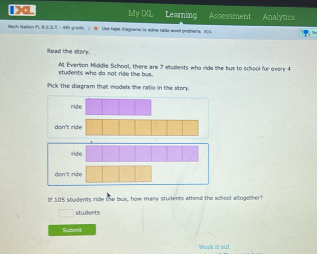 My IXL
IX Learning Assessment Analytics
Math Nation Fl. B.E.S.T. - 6th grade ) Use tape diagrams to solve ratio word problems B2A
Yo
Read the story.
At Everton Middle School, there are 7 students who ride the bus to school for every 4
students who do not ride the bus.
Pick the diagram that models the ratio in the story.
ride
don't ride
ride
don't ride
If 105 students ride the bus, how many students attend the school altogether?
□ students
Submit
Work it out