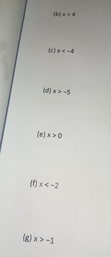 x<4</tex> 
(c) x
(d) x>-5
(e) x>0
(f) x
(g) x>-1