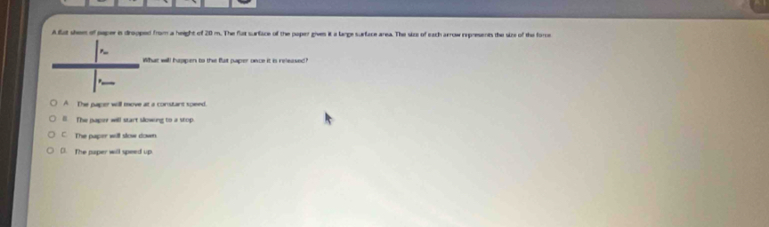 A flot sheet of paper is dropped from a height of 20 m. The flat surface of the paper gives it a lange surface area. The size of each arrow represents the size of the force
What will happen to the flat paper once it is released?
._
A The paper will move at a constant speed.
8. The paper will start slowing to a stop.
C The paper will slow down
(). The paper will speed up.