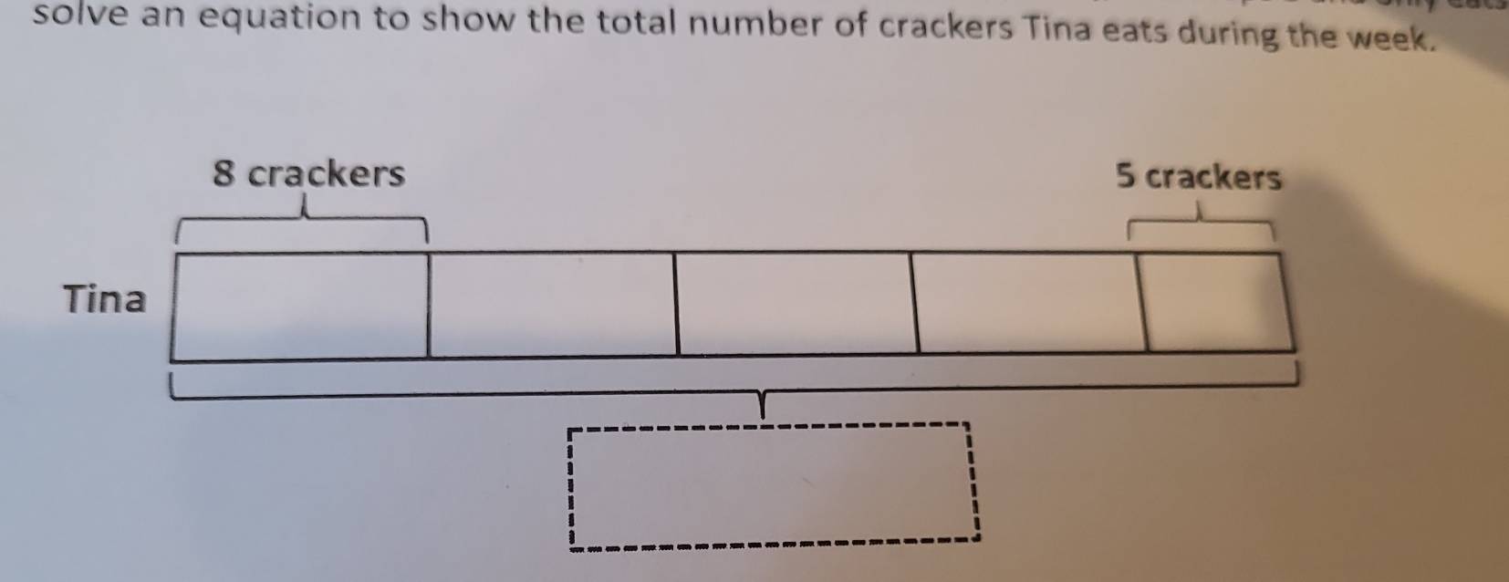 solve an equation to show the total number of crackers Tina eats during the week.