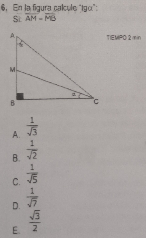 En la figura calcule “tgα”;
Si: overline AM=overline MB
TIEMPO 2 min
A.  1/sqrt(3) 
B.  1/sqrt(2) 
C.  1/sqrt(5) 
D.  1/sqrt(7) 
E.  sqrt(3)/2 