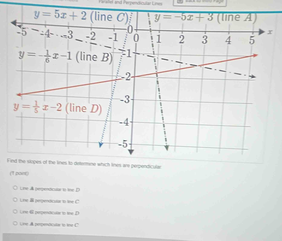 Parallel and Perpendicular Lines
Find the slopes of the lines to determine which lines are perpendicular
(1 port)
Line A perpendicular to tihe D
Line B perpendicular to line C
Line 6 perpendicular to tine D
Line a perpendicutar to line C