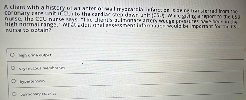 Solved: A client with a history of an anterior wall myocardial ...