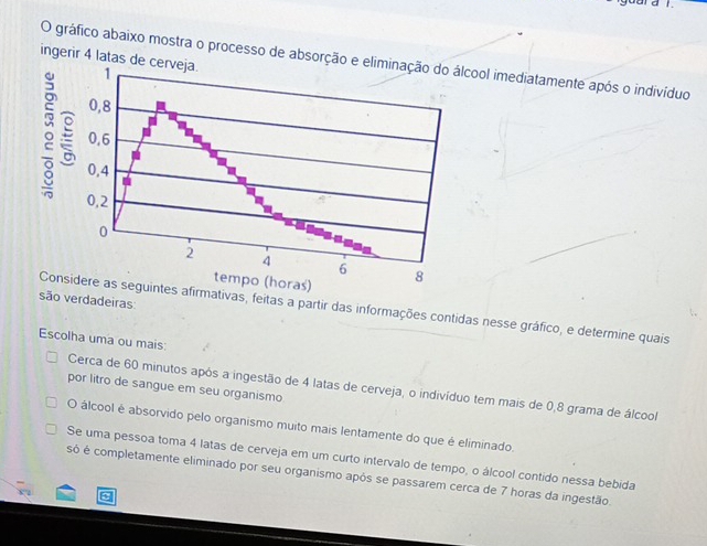 ingerir 4 latas 
O gráfico abaixo mostra o processo de absorçãool imediatamente após o indivíduo 
são verdadeiras 
ivas, feitas a partir das informações contidas nesse gráfico, e determine quais 
Escolha uma ou mais: 
por litro de sangue em seu organismo 
Cerca de 60 minutos após a ingestão de 4 latas de cerveja, o indivíduo tem mais de 0,8 grama de álcool 
O álcool é absorvido pelo organismo muito mais lentamente do que é eliminado. 
Se uma pessoa toma 4 latas de cerveja em um curto intervalo de tempo, o álcool contido nessa bebida 
só é completamente eliminado por seu organismo apôs se passarem cerca de 7 horas da ingestão.