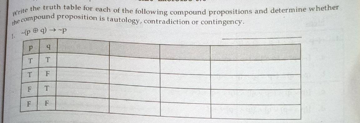 Write the truth table for each of the following compound propositions and determine whether 
the compound proposition is tautology, contradiction or contingency.
sim (poplus q)to sim p