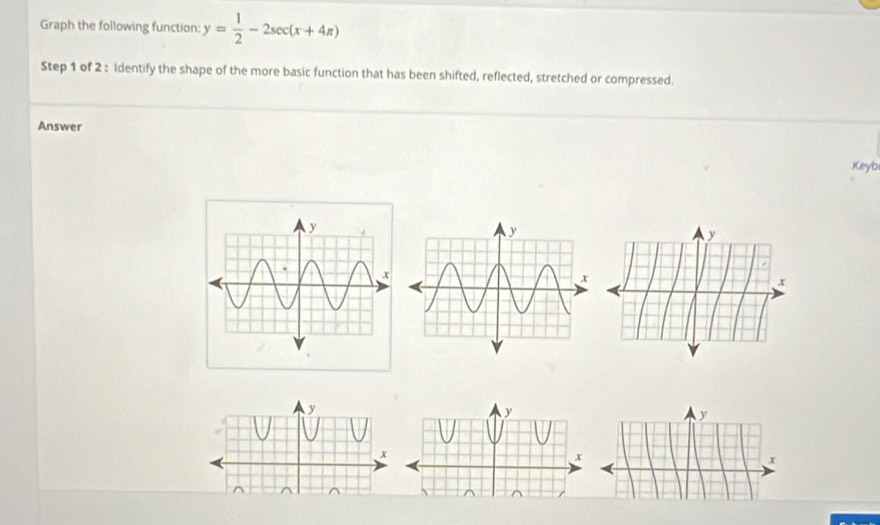 Graph the following function: y= 1/2 -2sec (x+4π )
Step 1 of 2 : Identify the shape of the more basic function that has been shifted, reflected, stretched or compressed. 
Answer 
Keyb
y
y
x
x