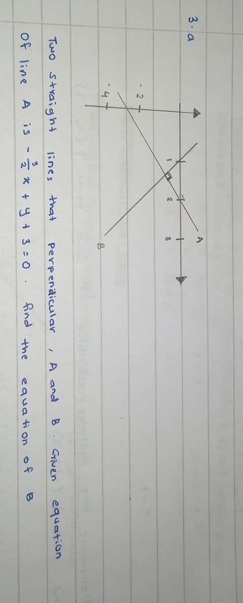 a 
Two straight lines that perpendicular, A and B Given equation 
of line A is - 3/2 x+y+3=0. find the equation of B