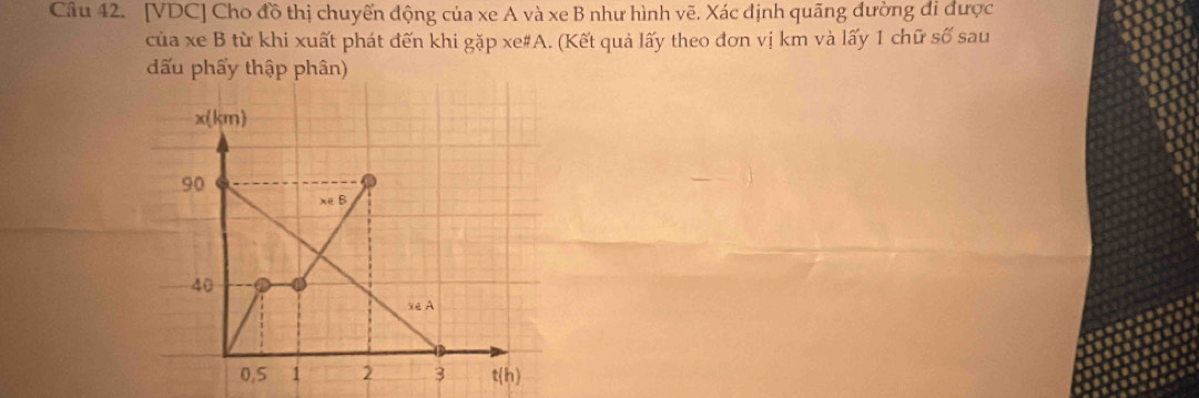 [VDC] Cho đồ thị chuyến động của xe A và xe B như hình vẽ. Xác định quãng đường đi được 
của xe B từ khi xuất phát đến khi gặp xe#A. (Kết quả lấy theo đơn vị km và lấy 1 chữ số sau 
dấu phẩy thập phân)
x(km)
90
xe B
40
xe A
0,5 1 2 3 t(h)