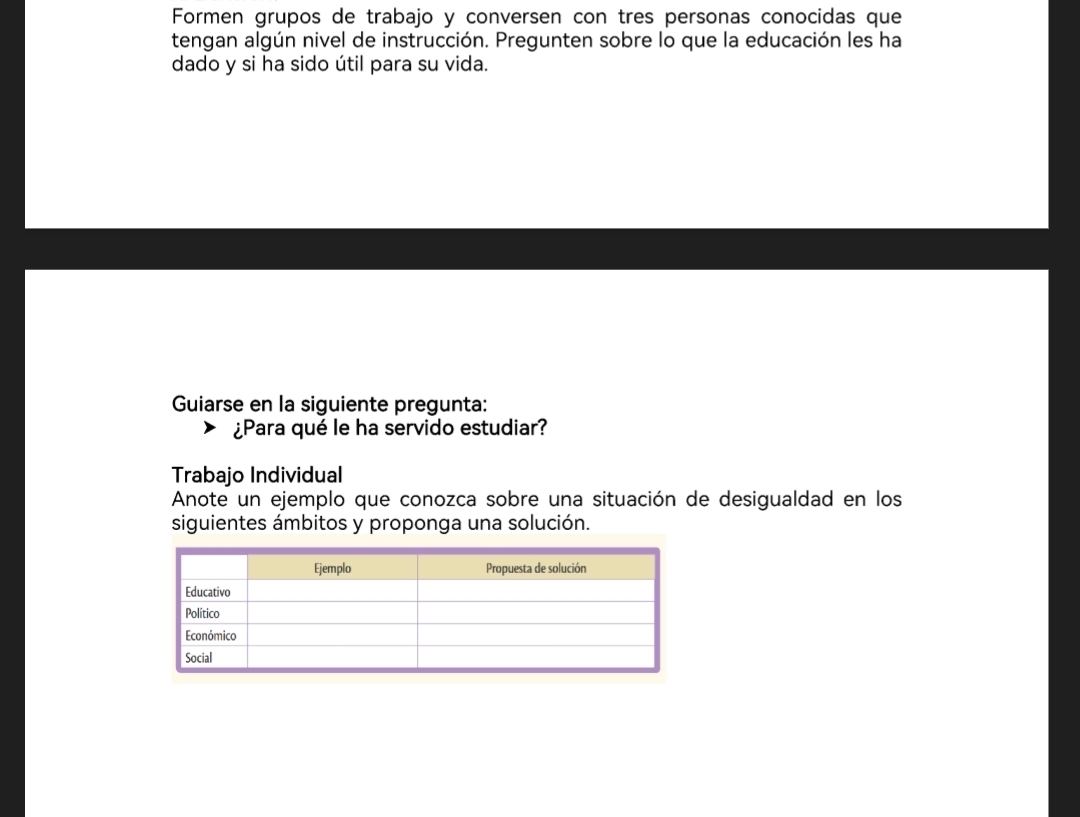 Formen grupos de trabajo y conversen con tres personas conocidas que 
tengan algún nivel de instrucción. Pregunten sobre lo que la educación les ha 
dado y si ha sido útil para su vida. 
Guiarse en la siguiente pregunta: 
¿Para qué le ha servido estudiar? 
Trabajo Individual 
Anote un ejemplo que conozca sobre una situación de desigualdad en los 
siguientes ámbitos y proponga una solución.