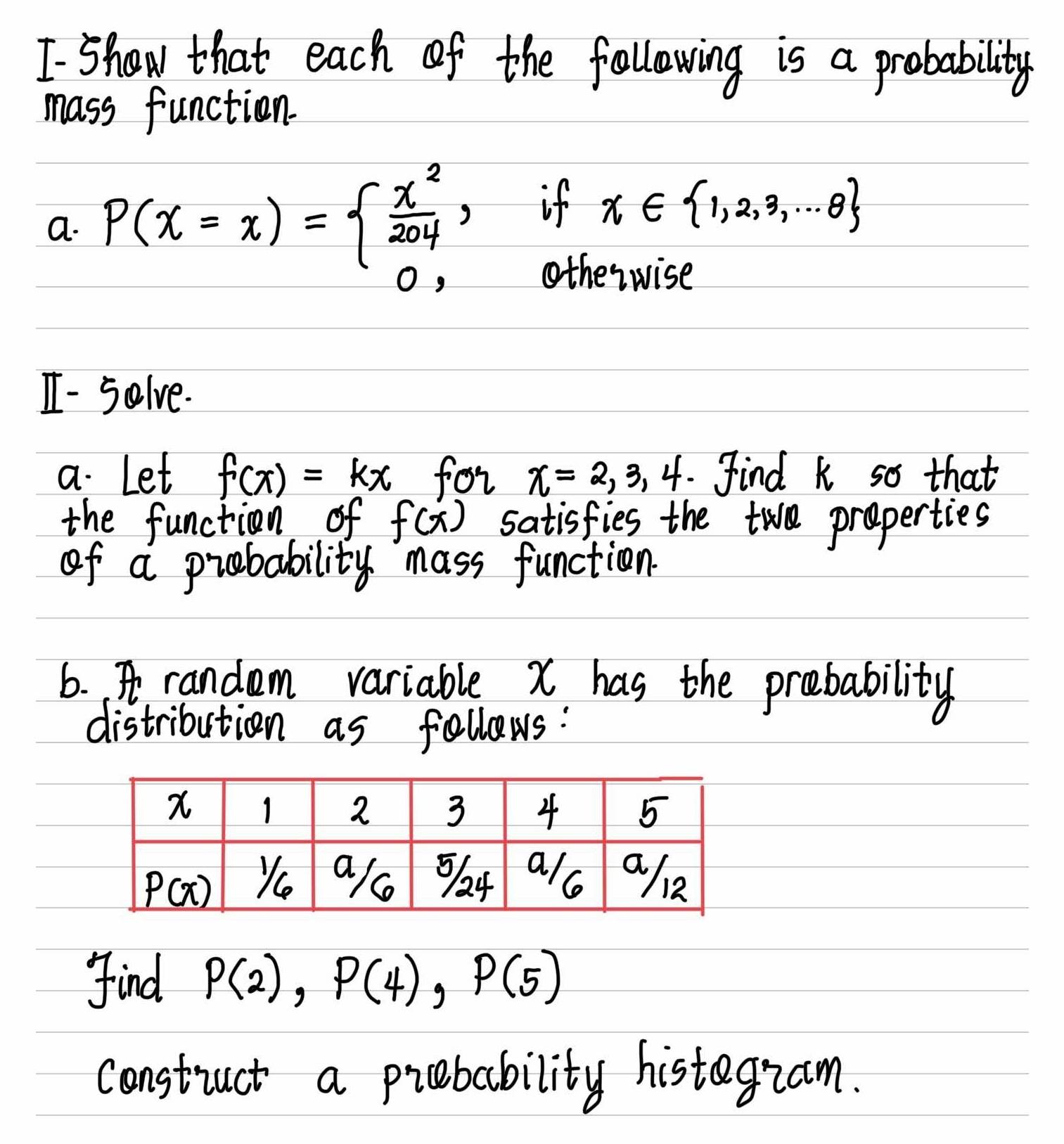 I-show that each of the following is a probability
mass function.
a. P(x=x)=beginarrayl  x^2/204 ,endarray.
if x∈  1,2,3,·s 8
otherwise
I- solve.
a. Let f(x)=kx for x=2,3,4 Find k so that
the function of f(x) satisfies the two preperties
of a probability mass function
6. A random variable X has the prebability
distribution as follows:
find P(2),P(4),P(5)
constiuct a prebability histegram.