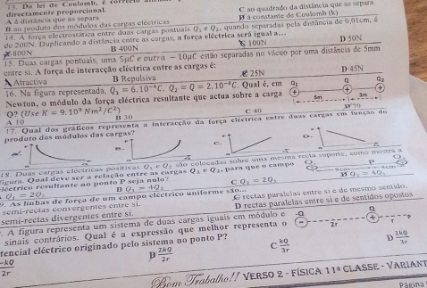 a  l s i  d e Conlomb,  é co p p e  ta
A à distância que as separa directamente proporcional.
B no produto dos módulos das cargas eléctricas À  à constante de Coulomb (k) C ao quadrado da distância que as separa
14. A força electrostática entre duas cargas pontuais Q_1∈ Q_2 , quando separadas pela distância de 0,01cm, é
800N de 200N. Duplicando a distância entre as cargas, a força eléctrica será igual a... C 100N D 50N
B 400N
15. Duas cargas pontuais, uma SμC e outra - 10µC estão separadas no vácuo por uma distância de 5mm
entre si. A força de interacção eléctrica entre as cargas é: C 25N
. Qual é, em D 45N
 Atractiva □ 4 +
16. Na figura representada. Q_1=6.10^(-4)C,Q_2=Q=2.10^(-4)C B Repulsiva
a1
Newton, o médulo da força eléctrica resultante que actua sobre a carga + Gen
A l ( Ise K=9.10^9Nm^2/C^2)
C 40
D? B 30
17. Qual dos gráficos representa a interacção da força eléctrica entre duas cargas em função do 18   (1
produto dos módulos das caras?
D .
B
τ
Geura. Qual deve ser a relação entre as cargas Q_1+Q_2 são colocadas sobre uma mesma reéta suporte, como mostra a
18. Duas cargas eléctricas positivas
O,=9
_ MO_2=40.
c rico  resultante no ponto    seja n u  o   , para que o campo p
C Q_2=2Q_3
B
Q_1=2Q_1
9. As línbas de força de um campo cléctrico uniforme são... O_3=40_2
D rectas paralelas entre sí e de sentidos opostos
semi-rectas divergentes entre si. O rectas paralelas entre sí é de mesmo sentido.
semi-rectas convergentes entre si.
. A figura representa um sistema de duas cargas iguais em módulo e .0 Q
sinais contrários. Qual é a expressão que melhor representa o m---frac -frac 2---(++
D  2kQ/3r 
C
tencial eléctrico originado pelo sistema no ponto P?  kQ/3r 
B  2kQ/2r 
 (-kQ)/2r 
Bèm Trabalho!/ VERSO 2 - FÍSICA 11° CLASSE - VARIANT
Páeina