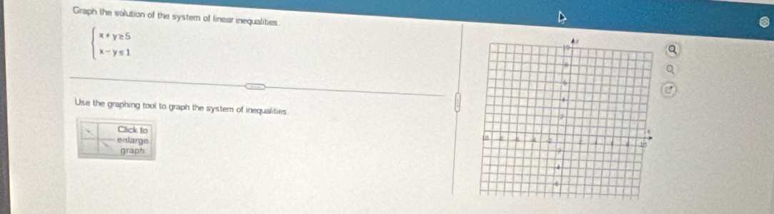 Graph the solution of the system of linear inequalities.
beginarrayl x+y≥ 5 x-y≤ 1endarray.
Use the graphing tool to graph the system of inequalities 
Click to 
enlarge 
graph