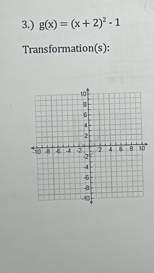 3.) g(x)=(x+2)^2-1
Transformation(s):