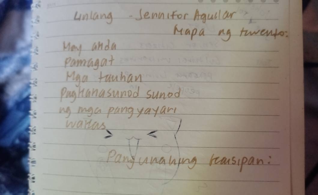 Lnlang-Sennifor Agullar 
Mapa ng twento: 
May anda 
pamagat 
rga fuuhan 
Pughanasunod sumed 
ng mga pangyayar 
wallus 
Pangunahing kasipan: