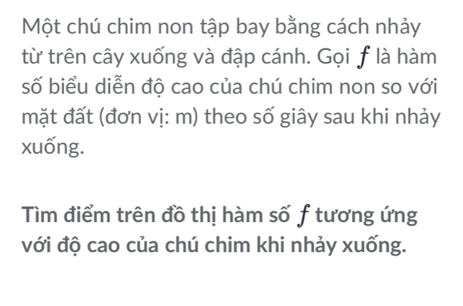 Một chú chim non tập bay bằng cách nhảy 
từ trên cây xuống và đập cánh. Gọi f là hàm 
số biểu diễn độ cao của chú chim non so với 
mặt đất (đơn vị: m) theo số giây sau khi nhảy 
xuống. 
Tìm điểm trên đồ thị hàm số f tương ứng 
với độ cao của chú chim khi nhảy xuống.