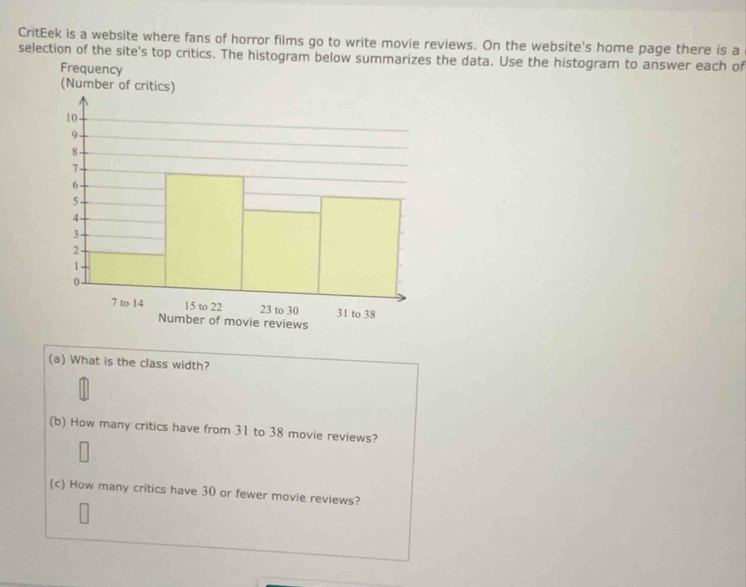 CritEek is a website where fans of horror films go to write movie reviews. On the website's home page there is a 
selection of the site's top critics. The histogram below summarizes the data. Use the histogram to answer each of 
(a) What is the class width? 
(b) How many critics have from 31 to 38 movie reviews? 
(c) How many critics have 30 or fewer movie reviews?