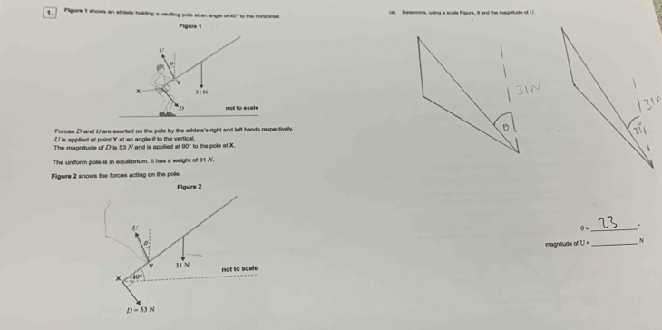 Filgure 1 shows an athlete holding a vaulting pole at an angle of 40° * o fhe bodtoct e (#) Detenmine, using a scale Figure, 6 and the magnitude of U7.
Figure 1
P
Y
x 31 N
D not to scale
Forces D and U are exerted on the pole by the sthlete's right and left hands respectively. 
[ is applied at point Y at an angle θ to the vertical.
The magnitude of D is 53 N and is applied at 90° to the pole at X.
The uniform pole is in equilibrium. It has a weight of 31 N,
Filgure 2 shows the forces acting on the pole
Figure 2
_ θ 
.
magnitude of U= _ N
Y not to scale
x 、 40° 31 N
D=53N