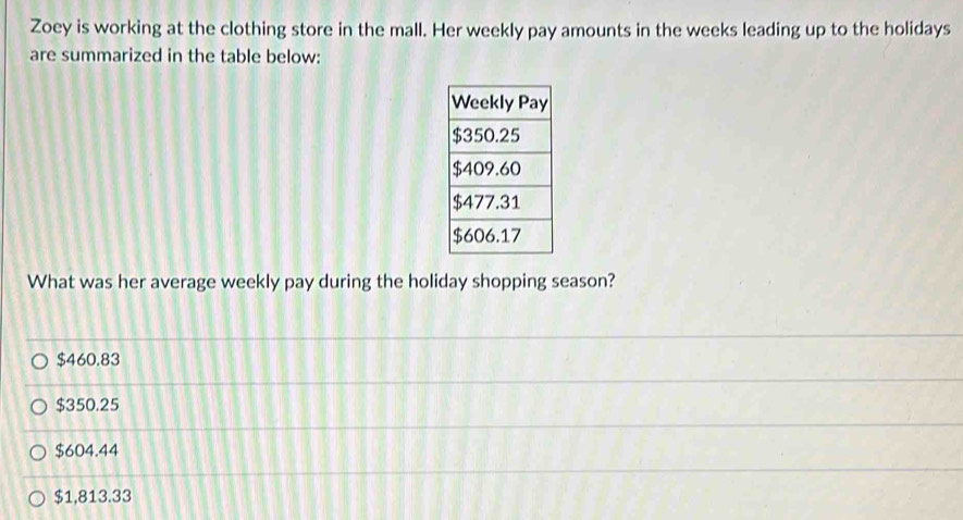 Zoey is working at the clothing store in the mall. Her weekly pay amounts in the weeks leading up to the holidays
are summarized in the table below:
What was her average weekly pay during the holiday shopping season?
$460.83
$350.25
$604.44
$1,813.33